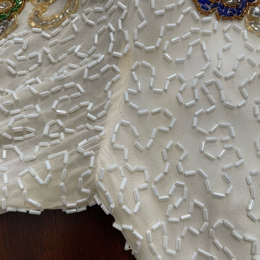 Black tie women’s V TG Floral Sequence beaded long sleeve 100% silk white top - Picture 5 of 11